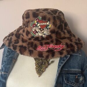 Ed Hardy Brown Leopard Bucket Hat with Skull Design NWT